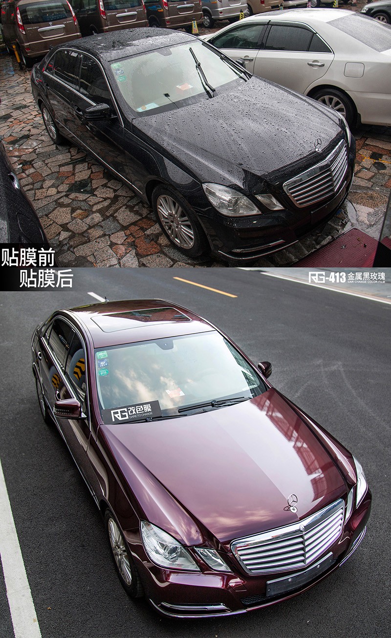奔驰E260L车身改色贴膜金属黑玫瑰 